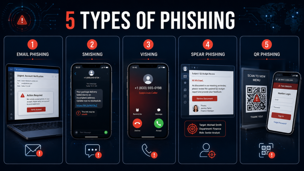 Common types of phishing including email phishing, smishing, vishing, spear phishing and QR phishing