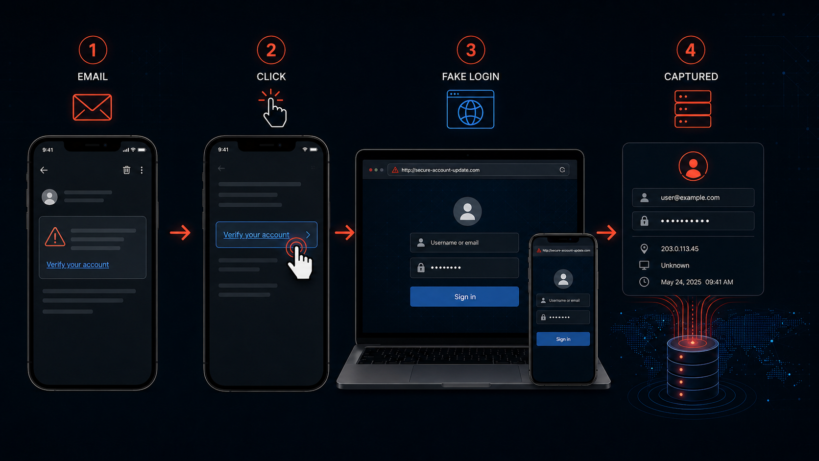 Diagram showing how a phishing attack works from fake message to stolen credentials