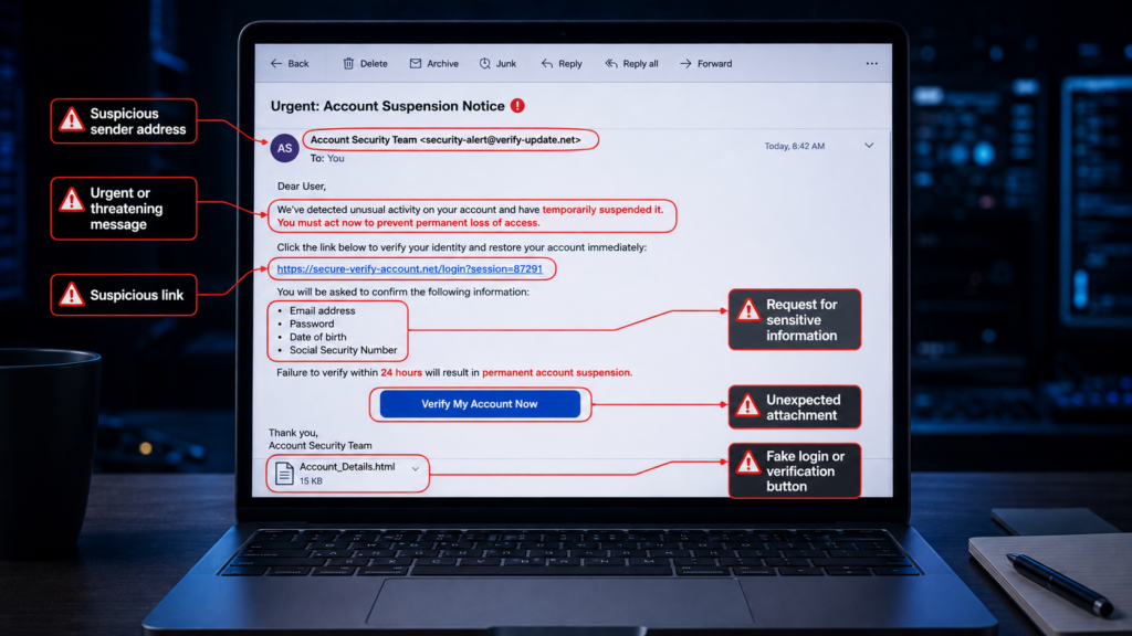 How to spot a phishing email showing common warning signs