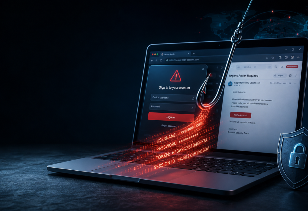 What is phishing illustration showing a fake login page and stolen credentials