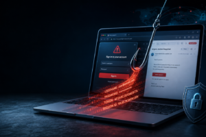 What is phishing illustration showing a fake login page and stolen credentials