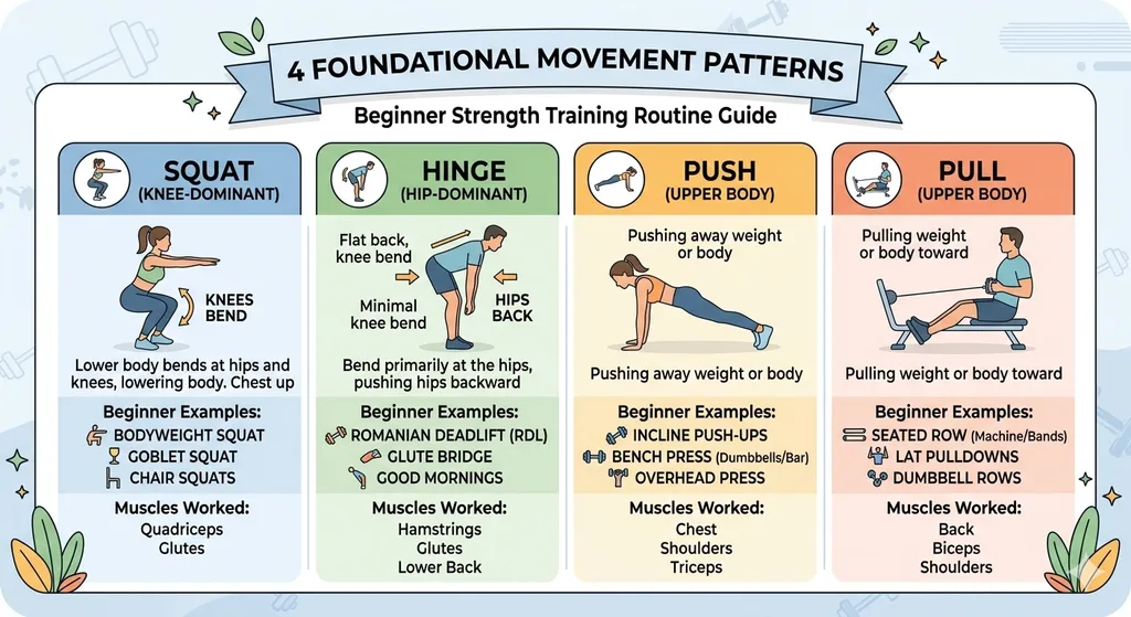 beginner strength training routine movement pattern chart