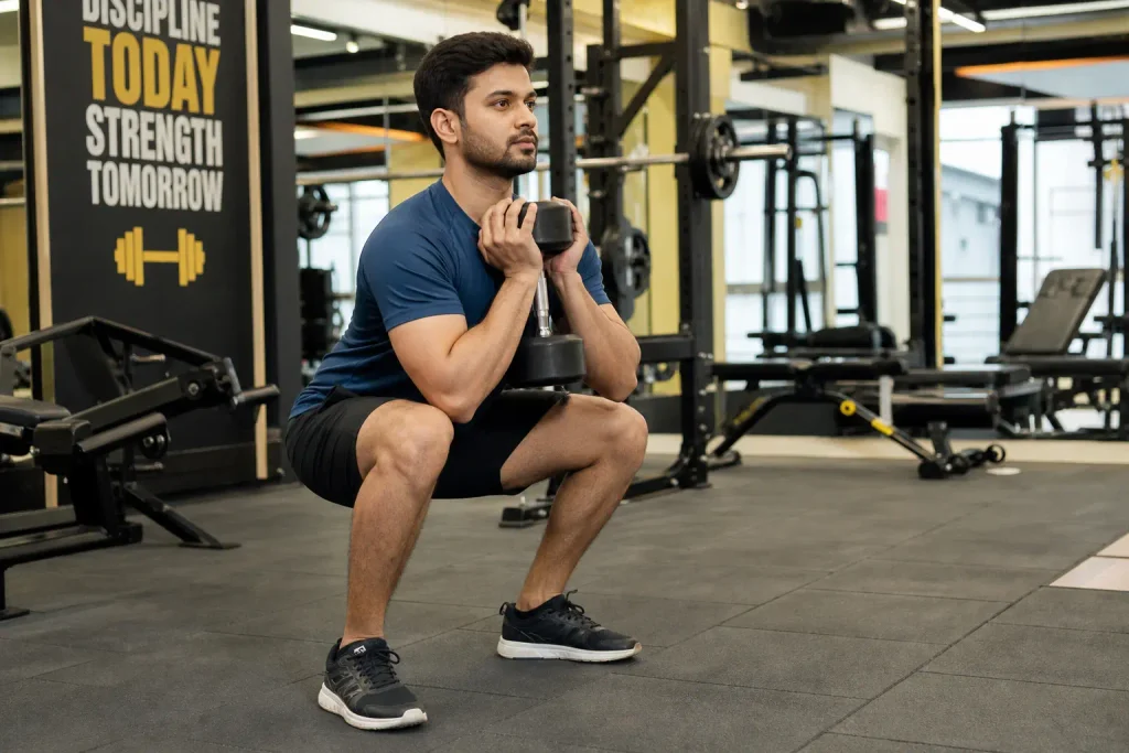 Beginner lifter doing a dumbbell goblet squat during a full-body workout