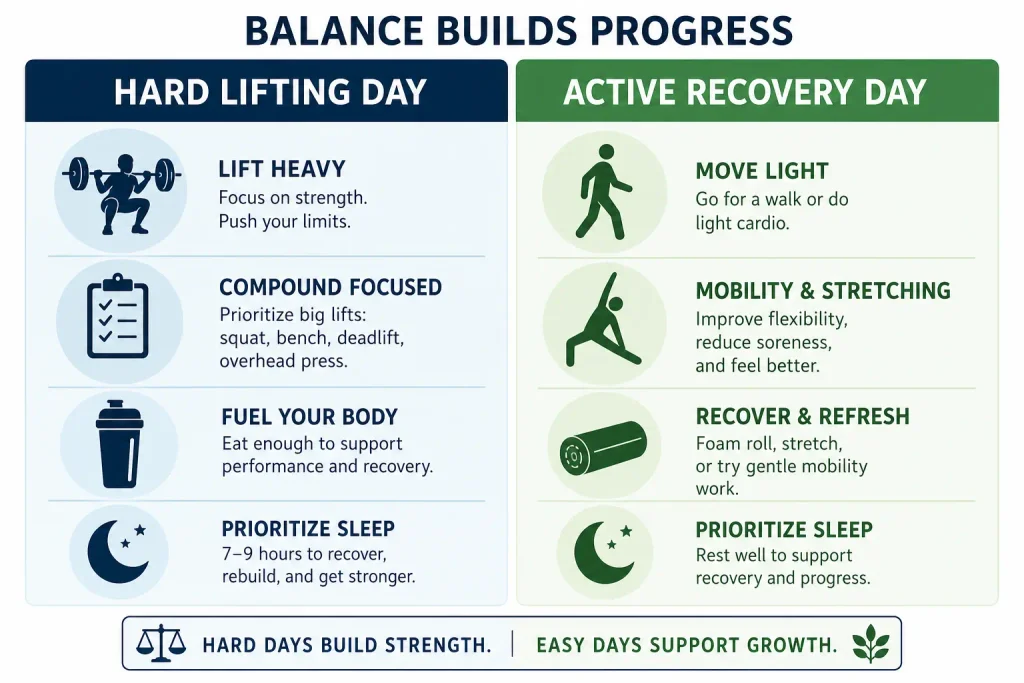 Infographic comparing hard lifting days with lighter active recovery days