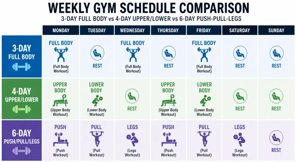 Weekly calendar comparing 3-day, 4-day, and 6-day gym schedules with rest days marked