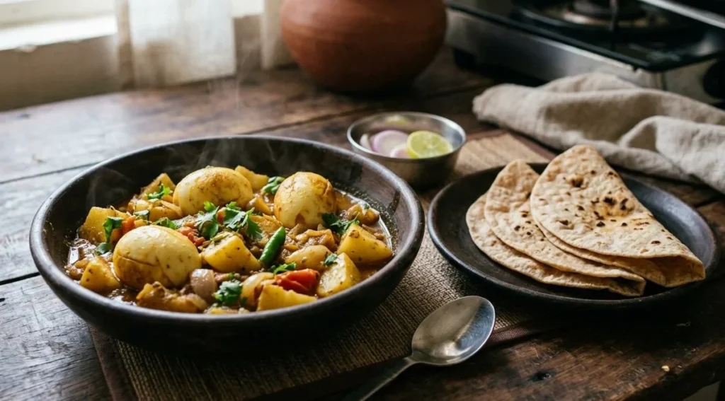budget high protein Indian meal with eggs potatoes and roti
