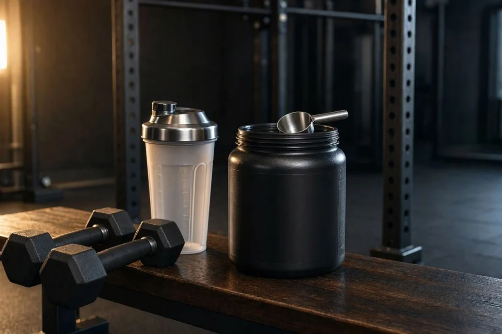 creatine monohydrate supplement with shaker and dumbbells