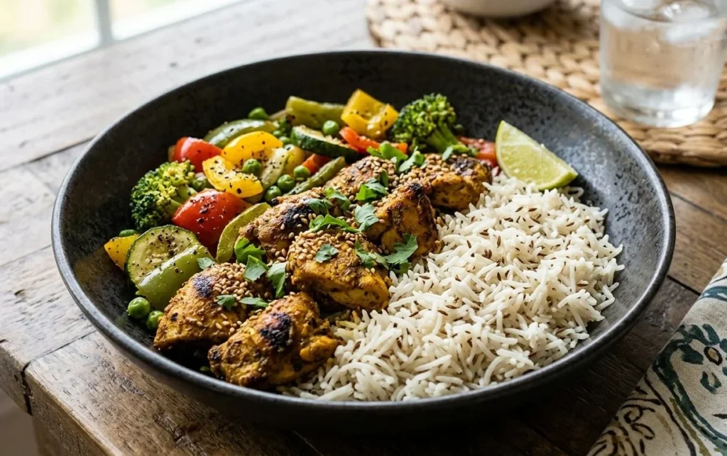 high protein Indian meal with chicken rice and vegetables