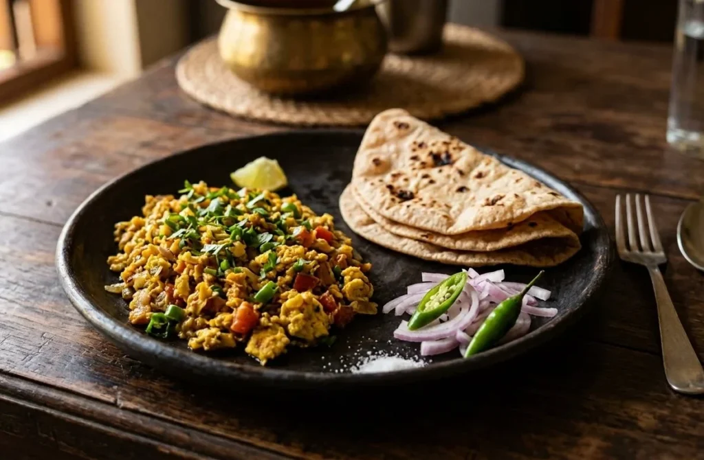 high protein Indian meal with egg bhurji and roti