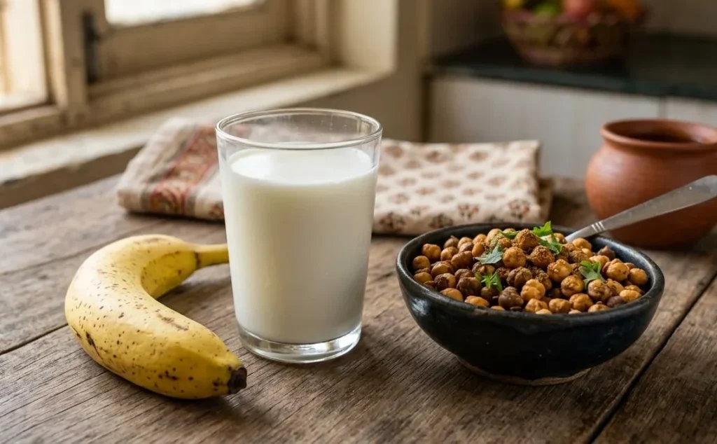 high protein Indian meal with milk banana and roasted chana