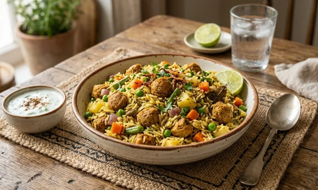 high protein Indian meal with soy chunks and rice