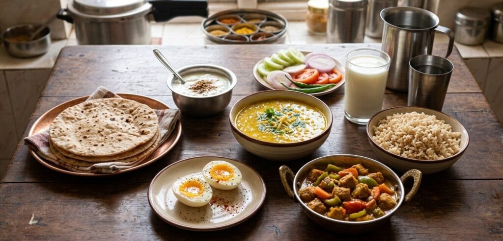high protein Indian meals on a budget with eggs dal rice and roti