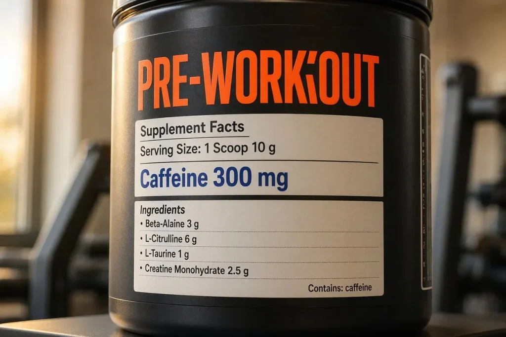 pre-workout supplement label with caffeine and ingredients