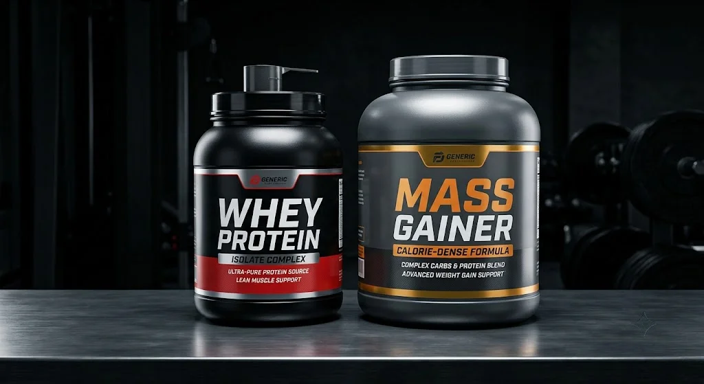 whey protein vs mass gainer supplements side by side